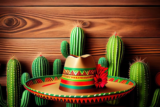 Mexicaanse maracas en sombrero op houten tafel Generatieve Ai