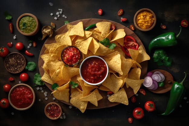 Mexicaanse Nacho Pittige Nacho's Met Tomatensaus Nacho's Driehoek Chips Abstracte Generatieve Ai Illustratie