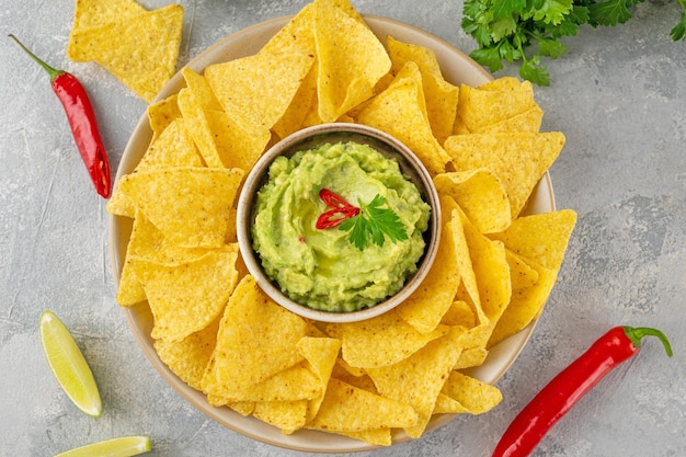 Mexicaanse Nachos chips en dipsausjes Tortilla corn nachos chips met tomatensalsa en guacamole