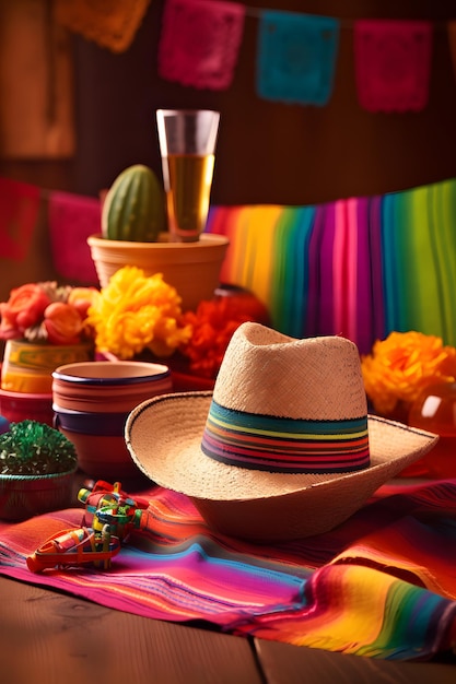 Mexicaanse nationale feestdag Cinco de Mayo Traditionele Mexicaanse hoed tequila cactusvruchten Achtergrond van Authentieke Mexicaanse feestdag Illustratie generatieve AI