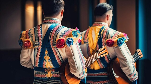 Mexicaanse onafhankelijkheid Cinco de Mayo Mexicaanse mannen die traditionele mariachi-kleding dragen en gitaar spelen Generatieve AI