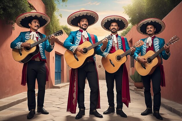 Mexicaanse Onafhankelijkheid Cinco de mayo Mexicaanse mannen in traditionele mariachi kleding die gitaar spelen Generatieve AI