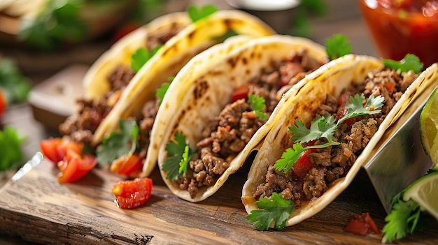 Mexicaanse rundvlees tacos met tomatensous en salsa