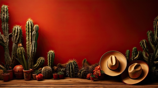 Mexicaanse sjabloonachtergrond met traditionele symbolen van cactus en hoeden