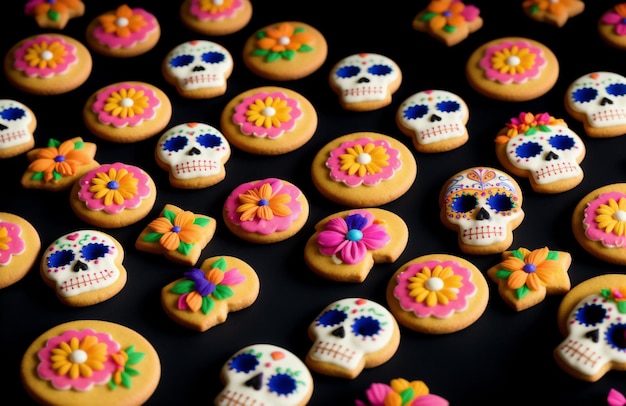 Mexicaanse snoepjes in de vorm van een skelet hoofd met bloemen Calavera schedels koekjes voor de Dag der Doden