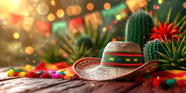 Foto mexicaanse sombrero hoed met cactus op bokeh achtergrond