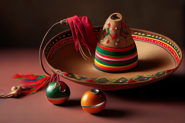 Mexicaanse Sombrero Maracas en Chili Pepper Generative Ai