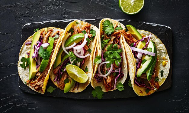 Mexicaanse straat taco's platte lay compositie met varkensvlees carnitas avocado ui cilantro en rode kool