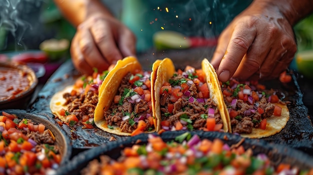 Mexicaanse straat taco's platte lay compositie met varkensvlees carnitas avocado ui cilantro