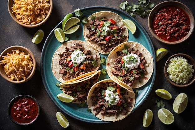 Mexicaanse straattaco's en carne asada-friet in platte compositie