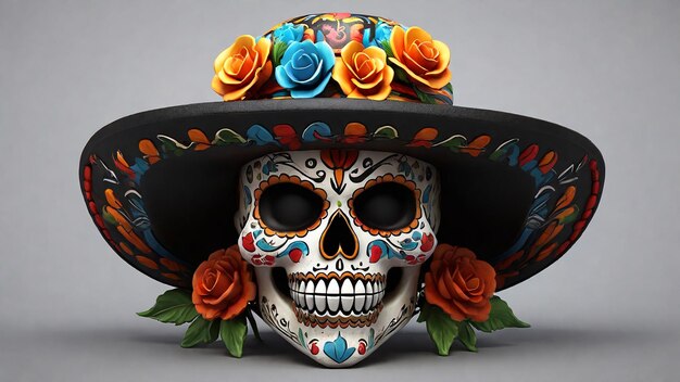 Mexicaanse suiker schedel met een Mexicaanse sombrero hoed met rozen Cinco de Mayo