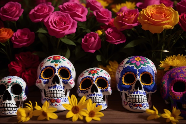 Mexicaanse suiker schedels tussen bloemen Calavera als symbool van de Dag der Doden Dia de los Muertos