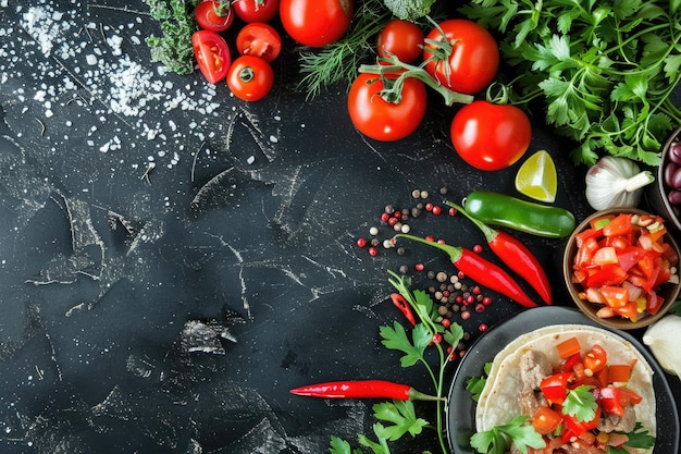 Foto mexicaanse taco met vleesbonen en groenten op een leisteentafel