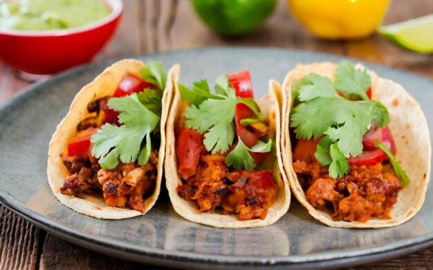 Mexicaanse taco's gevuld met vlees en versierd met kruiden