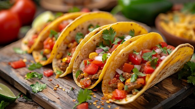 Mexicaanse taco's met groenten vlees maïs en verse kruiden op een rustiek houten bord AI gegenereerd