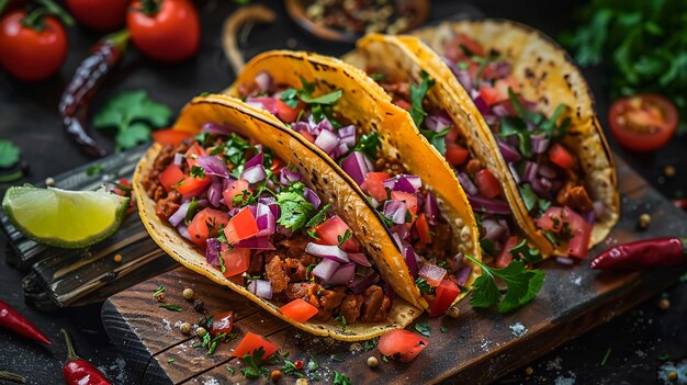 Mexicaanse taco's met groenten vlees maïs en verse kruiden op een rustiek houten bord AI gegenereerd