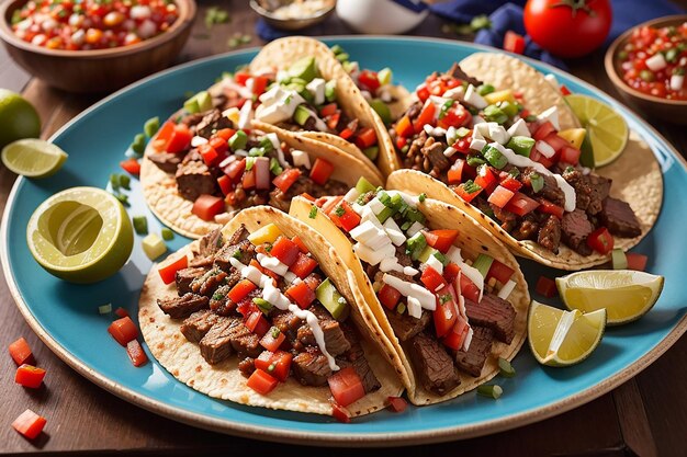 Mexicaanse taco's met rundvlees in tomatensaus en salsaTacogroenten