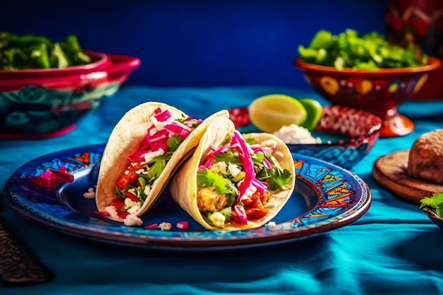 Mexicaanse taco's met vlees en groenten op bord met mexical ornament op blauwe tafel