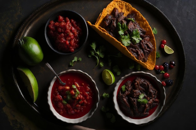 Mexicaanse tacos met rundvlees in tomatensaus en salsa