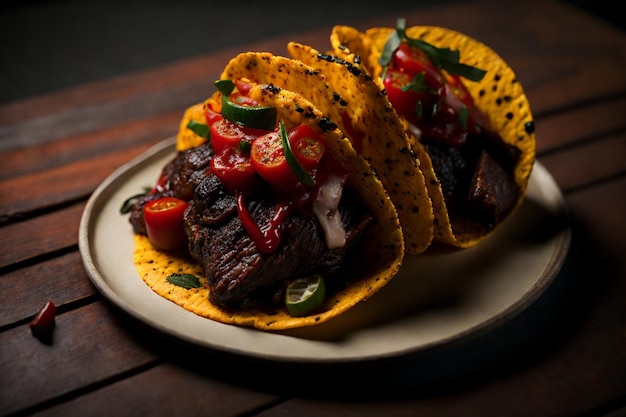 Mexicaanse tacos met rundvlees in tomatensaus en salsa