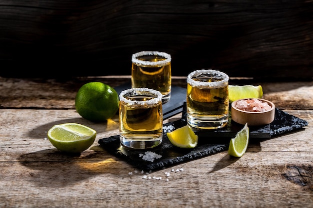 Mexicaanse tequila met limoen en zout op rustieke zwarte achtergrondruimte voor tekst luxe drankje Alcoholische drank concept