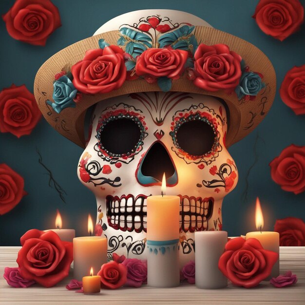 Mexicaanse vakantiedag van dode realistische compositie met enge maskerkaarsen en rozenbehang