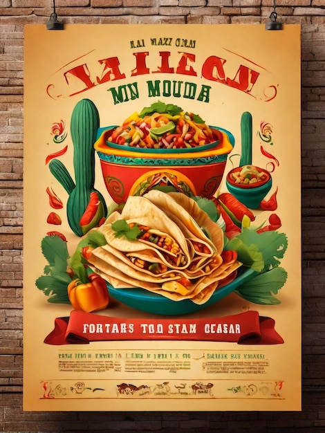 Foto mexicaanse voedsel flyer reclame brochure promo banner nationale keuken poster met vlag kleuren en taco nachos en anderen cartoon platte stijl