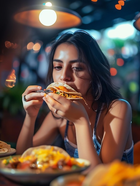Mexicaanse vrouw eet tacos al pastor Mexicaans eten in Mexico Latijns-Amerika Generatieve AI