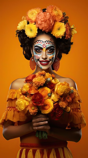 Mexicaanse vrouw met bloemboeket bloemist in Dag van de doden