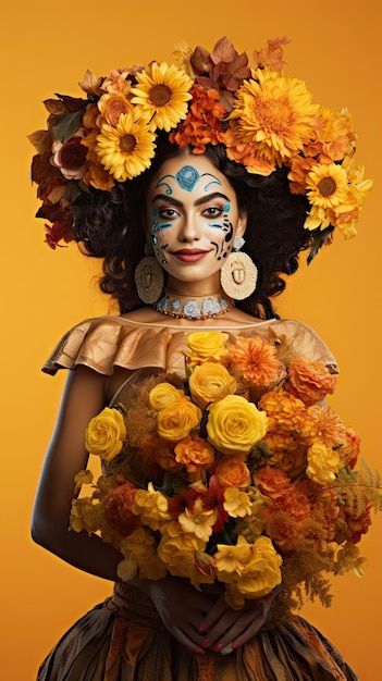 Mexicaanse vrouw met bloemboeket bloemist in Dag van de doden