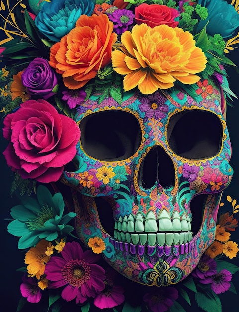 色とりどりの花に囲まれたメキシコの頭蓋骨