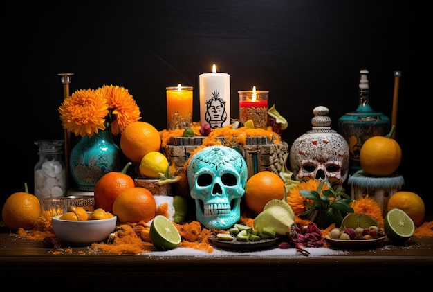 a mexican altar with orange orange coconut and yellow decor in the style of death burger