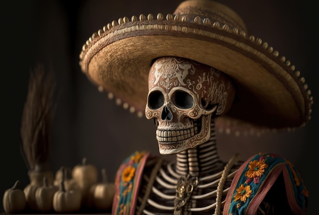 Mexican artisan shot of a skeleton in soft focus taken on the Day of the Dead