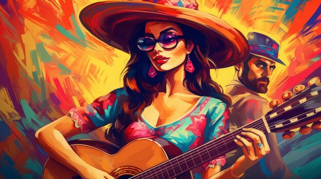 Foto bella donna messicana con la chitarra.