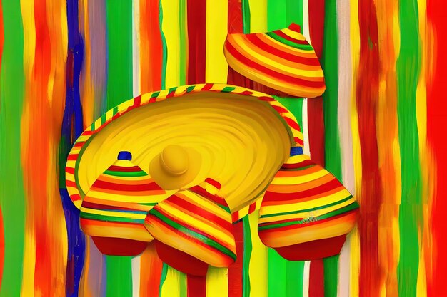 Photo mexican blanket stripes or poncho serape and hat on yellow background generative ai