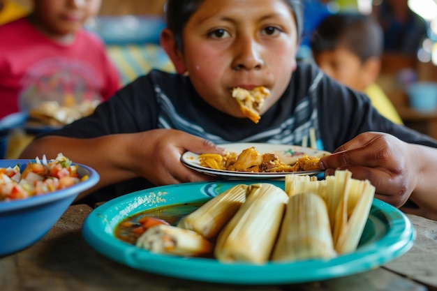 Мексиканский мальчик ест тамале в уличном кафе.