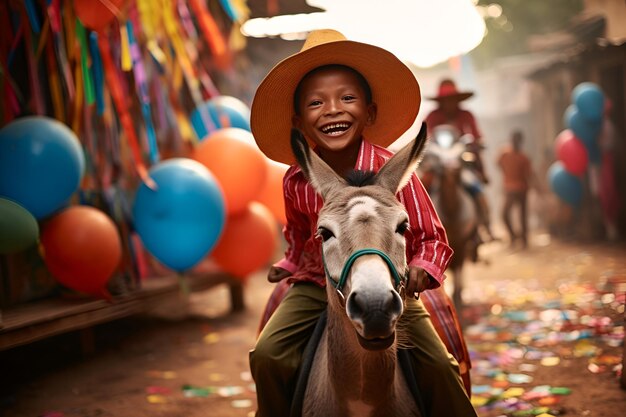 Photo a mexican boy rides a donkey to celebrate cinco de mayo on the festive street