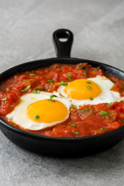 Mexican breakfast huevos rancheros in iron frying pan on gray stone