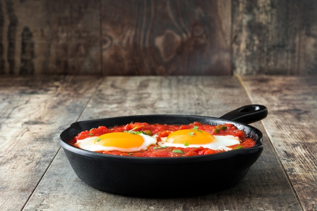 Mexican breakfast Huevos rancheros in iron frying pan on wooden table