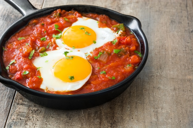 나무 테이블에 철 프라이팬에 멕시코 아침 식사 Huevos rancheros