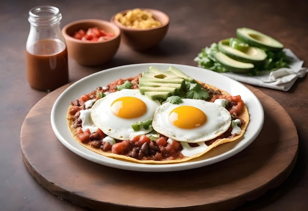 Photo mexican breakfast huevos rancheros with tacos fried eggs and salsa