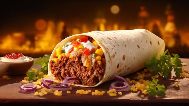 Mexican burrito with beef corn and vegetables on wooden table