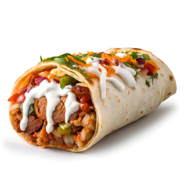 Mexican burrito with beef vegetables and salsa isolated on a white background AI Generative