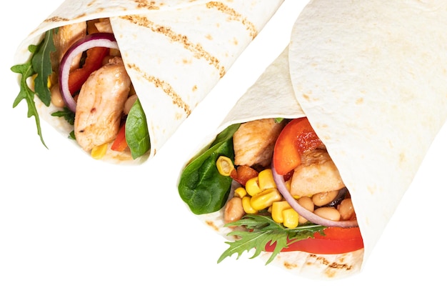 Photo mexican burrito with chicken, pepper and beans  isolated on white background.