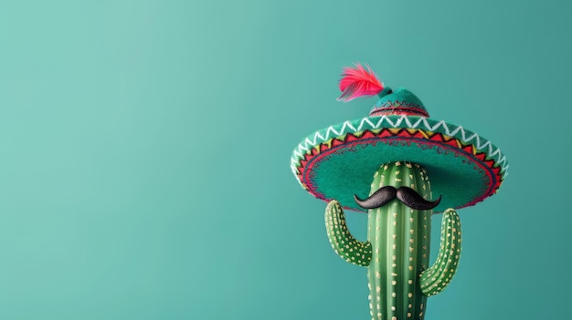 A mexican cactus character wearing a traditional sombrero and mustache