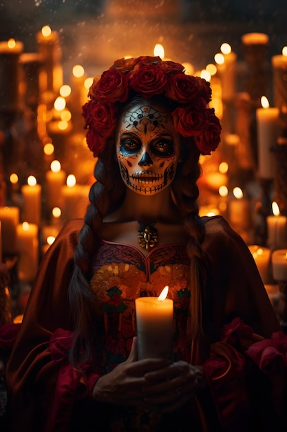 Mexican Catrina gracefully walks through a cemetery adorned with an abundance of flickering candles