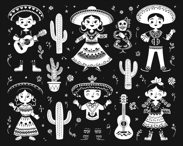 mexican characters in traditional costumes and sombres generative ai