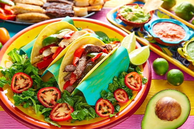 Mexican chicken and beef fajitas tacos