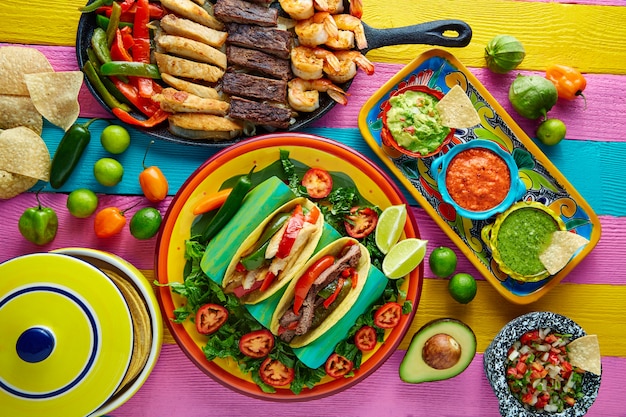 Foto tacos messicani di fajitas di pollo e manzo