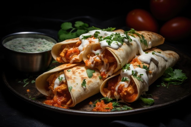 Mexican chicken and cheese taquitos topped with spicy sauces and creme fraiche